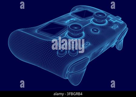 A 3D wireframe model of a video game controller floats against a solid blue background, showcasing its console design and digital structure. Stock Vector