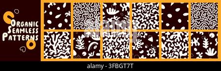 Pack with organic coral black and white seamless patterns. Abstract repeated natural compositions on yellow background. Stock Vector