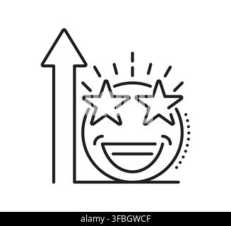 Positive feedback emoticon icon with star shaped eyes, smiling face, upward arrow and happiness expression. Outline ranking star pictogram and best quality sign. Review, satisfaction and rating stars Stock Vector