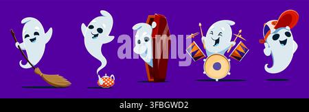 Cartoon cute kawaii ghost characters or Halloween spooky phantom and scary spirit personages. Kawaii ghosts with happy boo faces, funny ghost with witch broomstick, in coffin or play music in kid hat Stock Vector