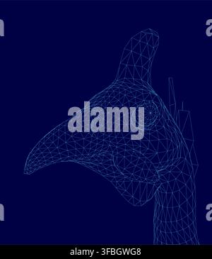 A guineafowl head rendered in a low poly wireframe style, composed of geometric shapes and lines on a solid blue background. This intricate design cre Stock Vector
