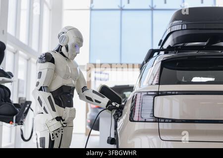 A humanoid robot is shown connecting a charging cable to an electric vehicle in a modern showroom setting Stock Photo