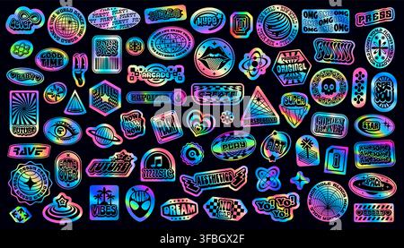 Hologram iridescent y2k groovy patch stickers, holographic retro funky labels. Vector gradient silver metal stickers of abstract geometric shapes with aesthetic space stars, globe and flower pattern Stock Vector