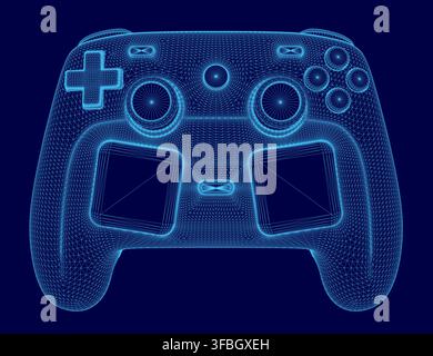 A wireframe video game controller on a dark blue background features a joystick, directional pad, action buttons, and triggers. Stock Vector