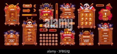 Pirate and corsair game UI menu interface, app window and buttons, loading bar panels. Cartoon wood board frames of game UI menu windows with pirate skulls, black flags and hats, treasure gold, swords Stock Vector