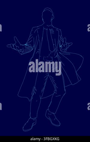 A determined man in a fashionable trench coat stands with arms outstretched against a blue background. His slicked-back hair and classic suit complete Stock Vector