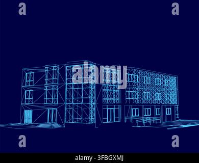 Architectural blueprint of a unique urban house landscape on a dark blue background, featuring intricate geometric contours and varied shapes. Stock Vector