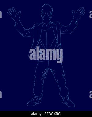 A man in a black suit and tie stands with arms outstretched against a blue background. He has slicked-back hair and a serious expression. Stock Vector