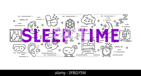 Sleep line icons, bedtime banner featuring insomnia, relaxation, dreams, medication, and wellness linear signs for healthcare, sleep therapy, medical education, wellness campaigns, bedtime routines Stock Vector