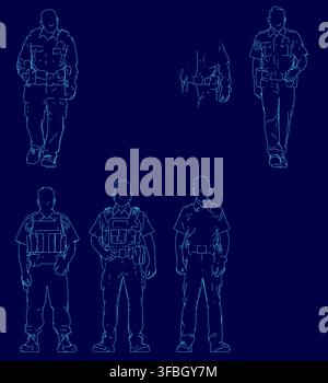 Male police officers in uniform stand in various poses with pistols and badges on a deep blue background, depicted in clean line art style. Stock Vector