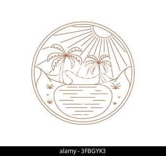 Circular boho desert oasis icon featuring palm trees over reflective water, surrounded by sand dunes under radiant sun conveying calm tropical escape and serene nature scene with golden lines Stock Vector