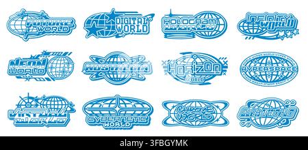 Y2k globe element icons. Vector set of futuristic world themed emblems with bold blue line art and globe motifs. Digital, cybernetic, hyperspace and neon world badges for sci fi, tech, or vr branding Stock Vector