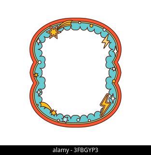 Retro groovy oval frame with orange border and scalloped inner edge, decorated with yellow stars, lightning bolts, shooting star, comet and dots. Cartoon hippie psychedelic y2k wave border for message Stock Vector
