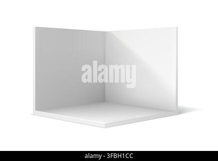 3d corner wall room podium, white booth stand mockup. Empty display exhibition box interior template. Cube conference stage area for showroom presentations. Expo kiosk panel to exhibits or promotions Stock Vector