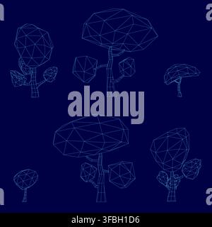 Low poly wireframe trees form a symmetrical collection on a solid blue background. Each tree features a distinct geometric shape and texture for contr Stock Vector