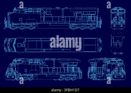 Detailed blueprint of a diesel locomotive on a blue background, featuring technical drawings of the engine, caboose, and mechanical components in a cl Stock Vector