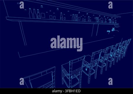 A 3D contour model of a sushi restaurant interior features a bar counter with chairs, bottles on a rack, and an aquarium on the table. Stock Vector