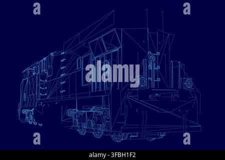 Blueprint wireframe of a train engine on a solid blue background, displaying the locomotive's detailed mechanical structure and components. Stock Vector