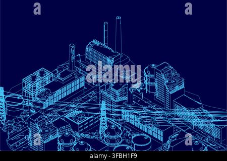 A post-apocalyptic city blueprint on a blue background, featuring the stark contours of abandoned buildings and industrial chimneys. Isometric view Stock Vector