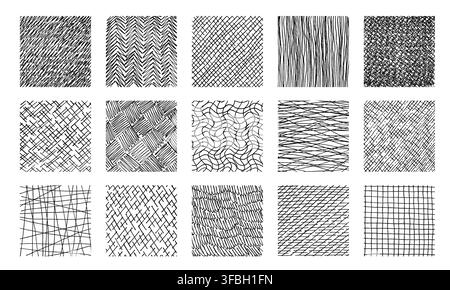 Line crosshatch pattern, hand drawn set of cross hatch textures featuring line hatching grids, scribbles and woven motifs for backgrounds. Vintage grunge pen sketch, abstract doodle drawing lattice Stock Vector