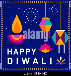 Happy Diwali Square Banner Design with Oil Lamp and Lanterns Stock Vector