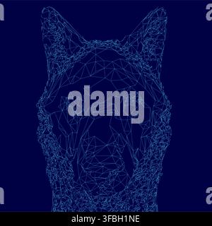 Polygonal wireframe wolf head with intricate geometric shapes and lines on a solid blue background. The design is abstract and digitally rendered. Stock Vector