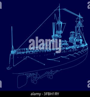 Detailed blueprint of a vintage warship, featuring its stern, masts, and sails in white contour lines against a stark blue background. Stock Vector