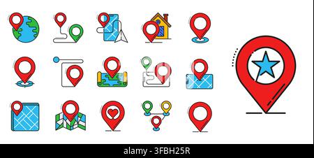 Location pin point pictogram icons, travel trip symbols. Trip direction tag vector symbol, navigation location point icon. Map marker sign with Earth globe, smartphone and paper map, love heart Stock Vector