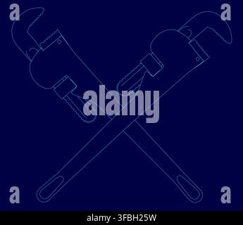 Two vintage adjustable pipe wrenches are crossed on a stark blue background. Their detailed contours and textured handles create a classic industrial Stock Vector