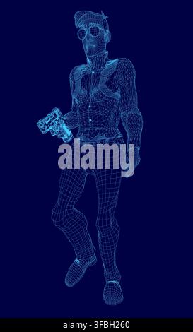 A cartoon secret agent man holds a gun in a 3D wireframe model against a solid blue background. Stock Vector