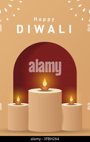 Happy Diwali Vertical Poster Template with Podium and Diya Lamps Stock Vector