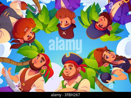 Cartoon pirate characters on tropical island. Captain and skipper, boatswain and helmsman, deckhand and sailor pirate crew male and female personages gathers in circle among palm trees under blue sky Stock Vector