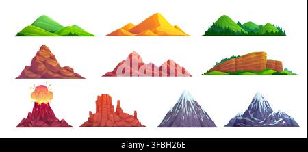 Cartoon mountains and hill set, snowy peaks and canyon rocks with volcanic eruption, red canyon, sandstone cliffs and green forested ridges. Design elements for nature scenes and outdoor landscape Stock Vector