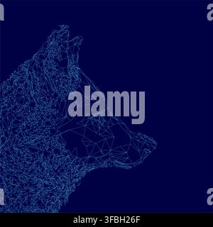 A low polygonal wireframe wolf head features an intricate geometric design of shapes and lines against a solid blue background. Stock Vector