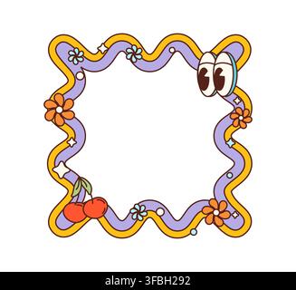 Cartoon retro groovy frame, hippie psychedelic y2k wave border with wavy edge decorated with flowers, cherries, stars and playful cute eyes. Pop art nostalgic scallop squiggle quirky mirror frame Stock Vector