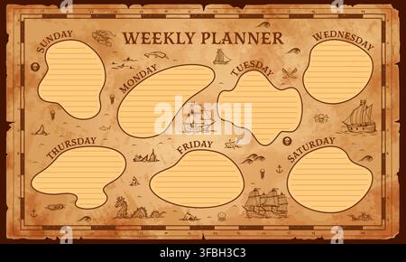 School education weekly timetable planner schedule with old treasures map and tropical island frames. Historic children paper planner template with ancient parchment, ships sea monsters and animals Stock Vector