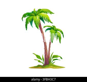 Cartoon jungle tropical palm trees with green leaves, brown trunks, sand and grass patch. Paradise island plants with natural foliage. Isolated summer Hawaiian vacation scenery, exotic game asset Stock Vector