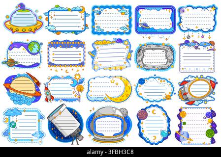 Sky and space kids memo note frames inspired by space, astronomy and night sky. Vector kids memo note frames set, rockets, UFO and astronaut helmets, comets, telescope and clouds, stars and planets Stock Vector
