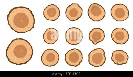 Wooden tree rings trunks. Set of round pine, rough timber split, oak log slices, cross section with concentric growth rings, bark edge and natural wood grain. Forest stump circle shapes and texture Stock Vector