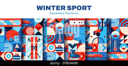 Winter sports seamless pattern with mosaic geometric background. Skis, skates and skeleton sled, snowboard, ice hockey game helmet and stick, mountain lift and curling stone, sport equipment patterns Stock Vector