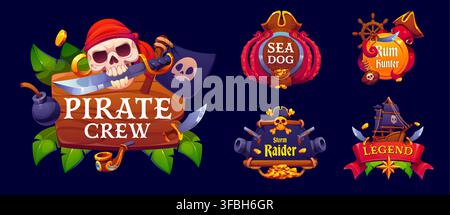 Pirates heraldry icons. Set of cartoon Caribbean corsair sea emblems with skull and crossbones, pirate ship, sabers, pistols, cannons, treasure, rum and Kraken octopus captain with nautical symbols Stock Vector
