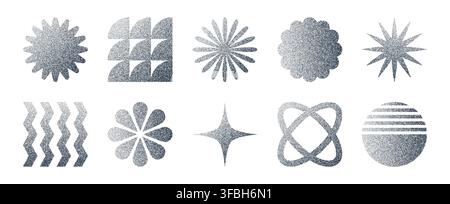 Grain geometric shape figures. Vector abstract dotted noisy elements with grunge grainy texture. Minimal monochrome retro futuristic forms including star, wave, circle, and floral gradient silhouettes Stock Vector