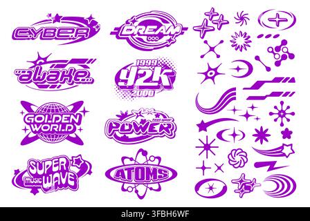Purple y2k streetwear label icons and signs. Vector set of lilac nostalgic futuristic typography accompanied by starbursts, sparkles, comets, glitch effects and vaporwave elements in retro 2000 style Stock Vector