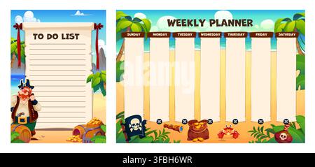 To do list paper task planning memo note and weekly planner schedule with funny pirate and treasures. Calendar pad, check list or journal template with corsair character on tropical island beach Stock Vector