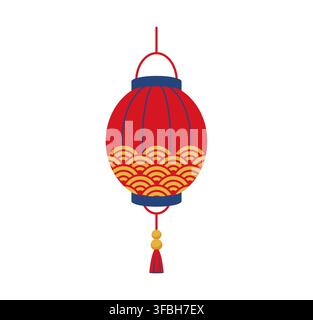 Chinese Lunar New Year red paper lantern with Seigaiha wave patterns and tassel. Traditional cartoon hanging summer festival of Japan, Japanese matsuri holiday icon. Asian festival lamp decoration Stock Vector