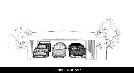 A black and white contour drawing of a garage set, featuring three parked cars surrounded by trees. Stock Vector