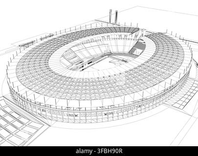 A 3D wireframe model of a large football stadium, featuring a blueprint design with numerous detailed windows and structural elements. Stock Vector