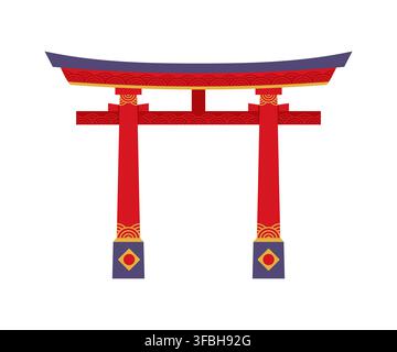 Japanese pagoda red torii gate, Japan travel, holiday and architecture icon. Asian temple entrance arch. Traditional portal with curved roofing and columns. Tori sacred shinto shrine gateway building Stock Vector