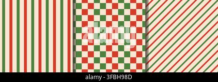 Christmas red and green checker and line fabric seamless pattern. Cute check plaid. Picnic kitchen tablecloth texture. Christmas present pattern. Xmas Stock Vector