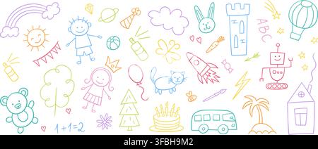Children sketch drawing. Kid color doodle elements. Boy, girl and house. Big bus and ship on waves. Toy bear and rabbit. Cute cat and fish. Rocket and Stock Vector